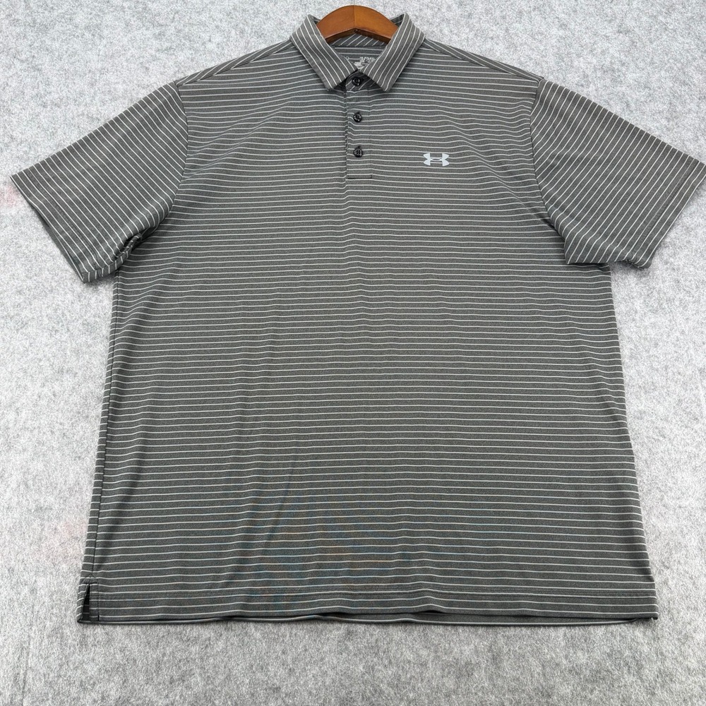 Under Armour Mens XL HeatGear Polo Shirt Gray Striped Loose Fit Golf Top